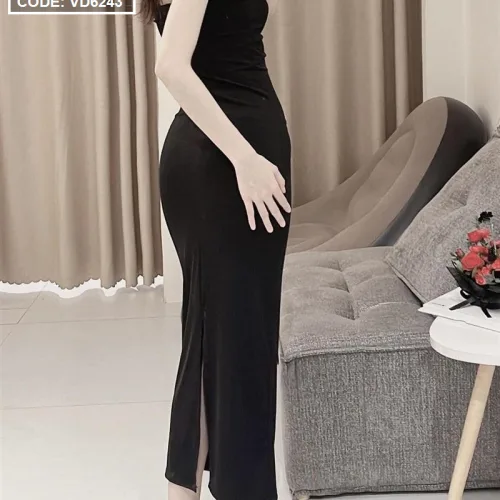 Đầm midi body đen cúp ngực kèm tag nơ
