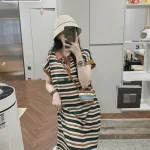 Đầm midi polo sọc viền cổ quảng châu
