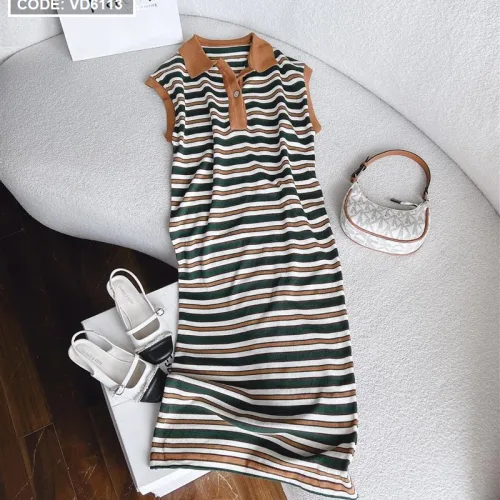 Đầm midi polo sọc viền cổ quảng châu