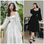 Đầm midi ren bi cổ tim tay phồng