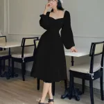Đầm midi ren bi cổ tim tay phồng