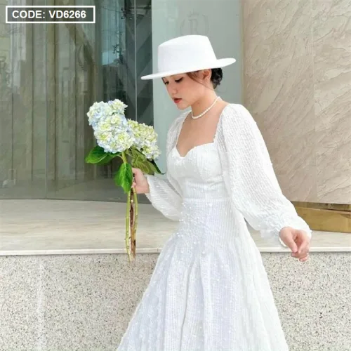 Đầm midi ren bi cổ tim tay phồng