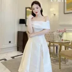 Đầm midi trắng cúp ngực trễ vai xẻ lai xoè