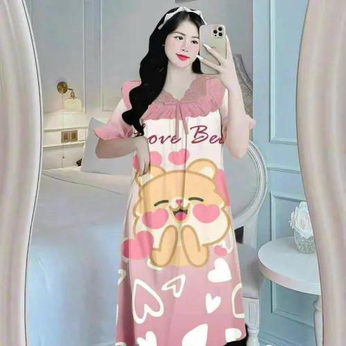Đầm ngủ tiều thư form suông phối ren cổ in họa tiết