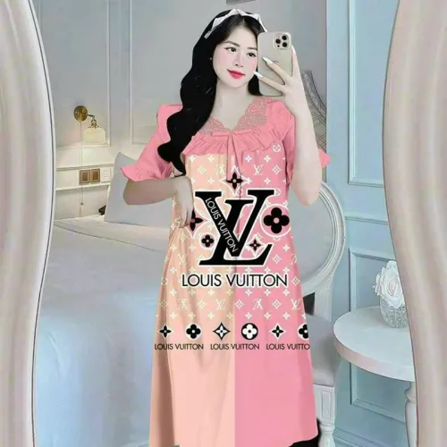 Đầm ngủ tiều thư form suông phối ren cổ in họa tiết