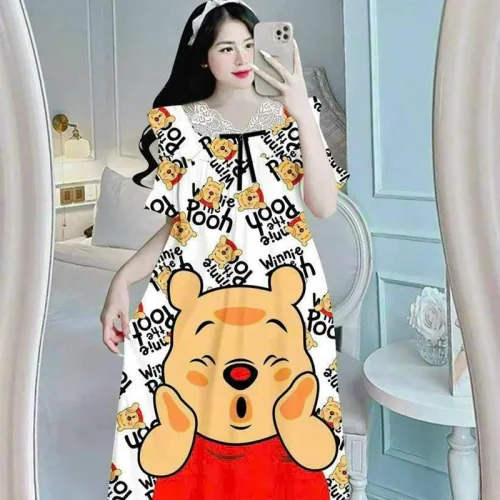 Đầm ngủ tiều thư form suông phối ren cổ in họa tiết