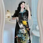 Đầm ngủ tiều thư form suông phối ren cổ in họa tiết