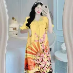 Đầm ngủ tiều thư form suông phối ren cổ in họa tiết