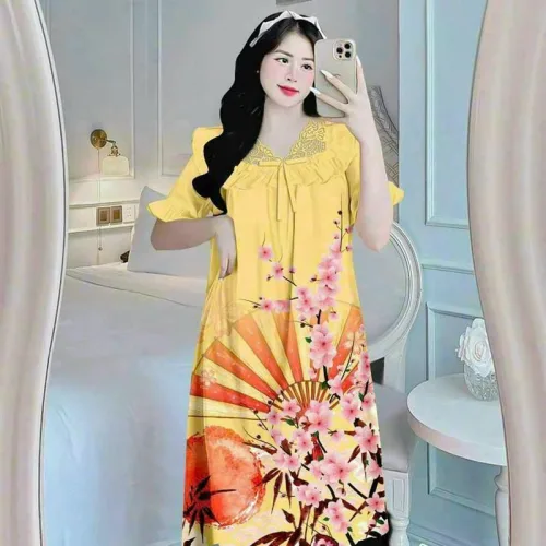 Đầm ngủ tiều thư form suông phối ren cổ in họa tiết