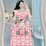 Đầm ngủ tiều thư form suông phối ren cổ in họa tiết