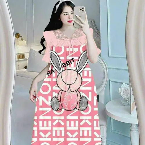Đầm ngủ tiều thư form suông phối ren cổ in họa tiết