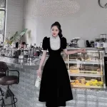 Đầm nhung phối cổ + ngực đính full hạt đá + hoa nổi form dài