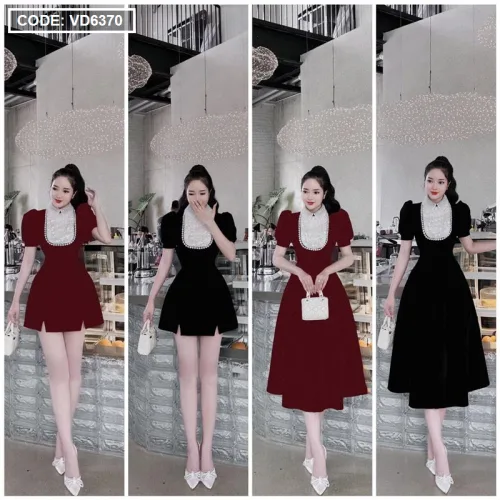 Đầm nhung phối cổ + ngực đính full hạt đá + hoa nổi form dài