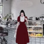 Đầm nhung phối cổ + ngực đính full hạt đá + hoa nổi form dài