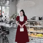 Đầm nhung phối cổ + ngực đính full hạt đá + hoa nổi form dài