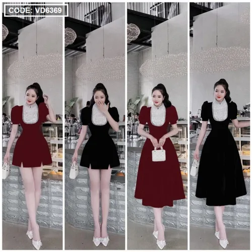 Đầm nhung phối cổ + ngực đính full hạt đá + hoa nổi form ngắn