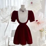 Đầm nhung phối cổ + ngực đính full hạt đá + hoa nổi form ngắn