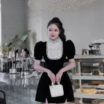 Đầm nhung phối cổ + ngực đính full hạt đá + hoa nổi form ngắn