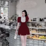 Đầm nhung phối cổ + ngực đính full hạt đá + hoa nổi form ngắn