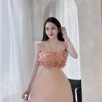 Đầm phối hoa xếp ngực form ngắn
