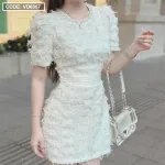 Đầm phối lông vũ cổ tròn viền đá 2 màu