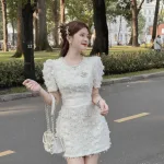 Đầm phối lông vũ cổ tròn viền đá 2 màu