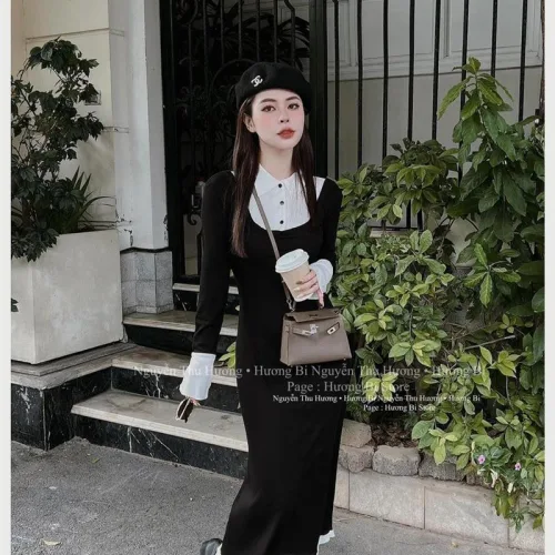 Đầm phối tay cổ gân