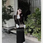 Đầm phối tay cổ gân