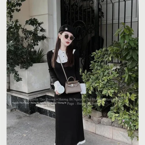Đầm phối tay cổ gân