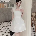 Đầm ren lưới ô cổ viền đá tùng xoè đính hoa ngọc