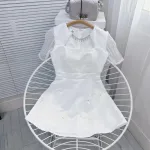 Đầm ren lưới ô cổ viền đá tùng xoè đính hoa ngọc