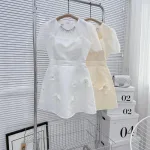 Đầm ren lưới ô cổ viền đá tùng xoè đính hoa ngọc
