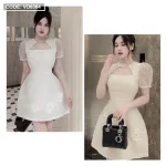 Đầm ren lưới ô cổ viền đá tùng xoè đính hoa ngọc