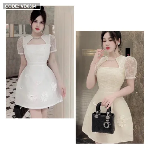 Đầm ren lưới ô cổ viền đá tùng xoè đính hoa ngọc