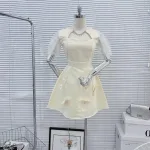 Đầm ren lưới ô cổ viền đá tùng xoè đính hoa ngọc