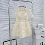 Đầm ren lưới ô cổ viền đá tùng xoè đính hoa ngọc