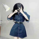Đầm sơ mi jean tay lật lại kèm nịt eo