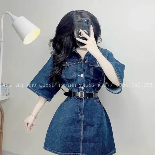 Đầm sơ mi jean tay lật lại kèm nịt eo