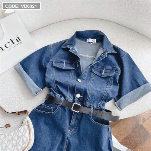 Đầm sơ mi jean tay lật lại kèm nịt eo