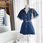 Đầm sơ mi jean tay lật lại kèm nịt eo