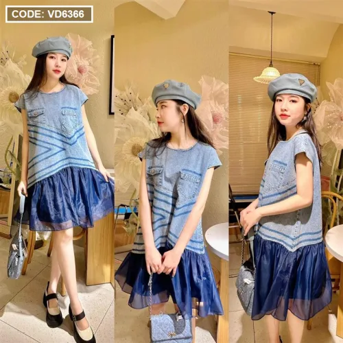Đầm suông jean phối voan đuôi cá