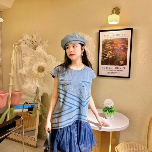 Đầm suông jean phối voan đuôi cá
