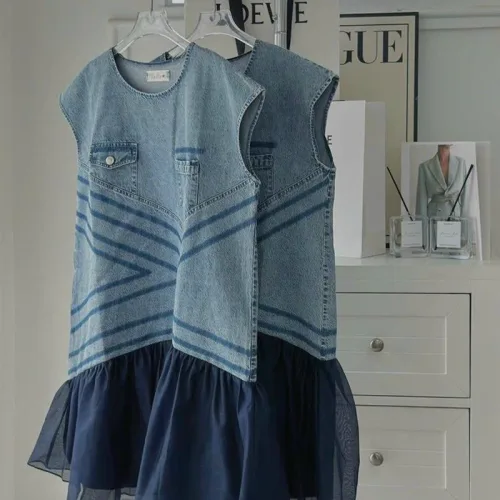 Đầm suông jean phối voan đuôi cá