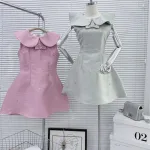 Đầm tafta cổ sen tròn tag nơ đính hoa đá hồng + đậu