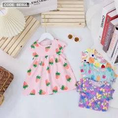 Đầm thun bé gái form xoè in hình trái dâu