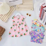 Đầm thun bé gái form xoè in hình trái dâu