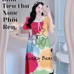 Đầm tiều thư form suông phối ren cổ họa tiết