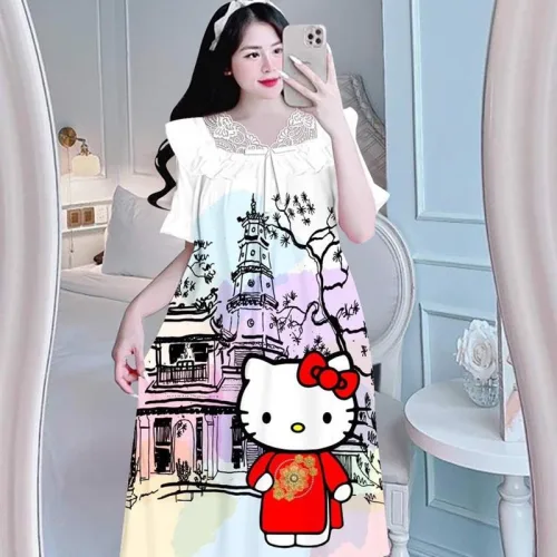 Đầm tiều thư form suông phối ren cổ họa tiết
