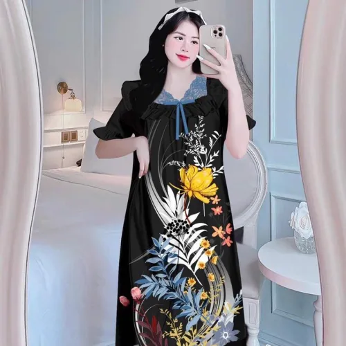 Đầm tiều thư form suông phối ren cổ họa tiết