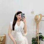 Đầm trắng gấm hoa nổi cổ thuỷ thủ đính đá nơ